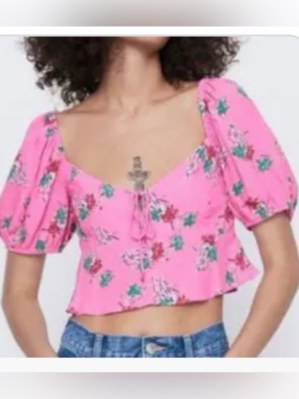 Zara pink floral feminine puff sleeve crop top blouse small